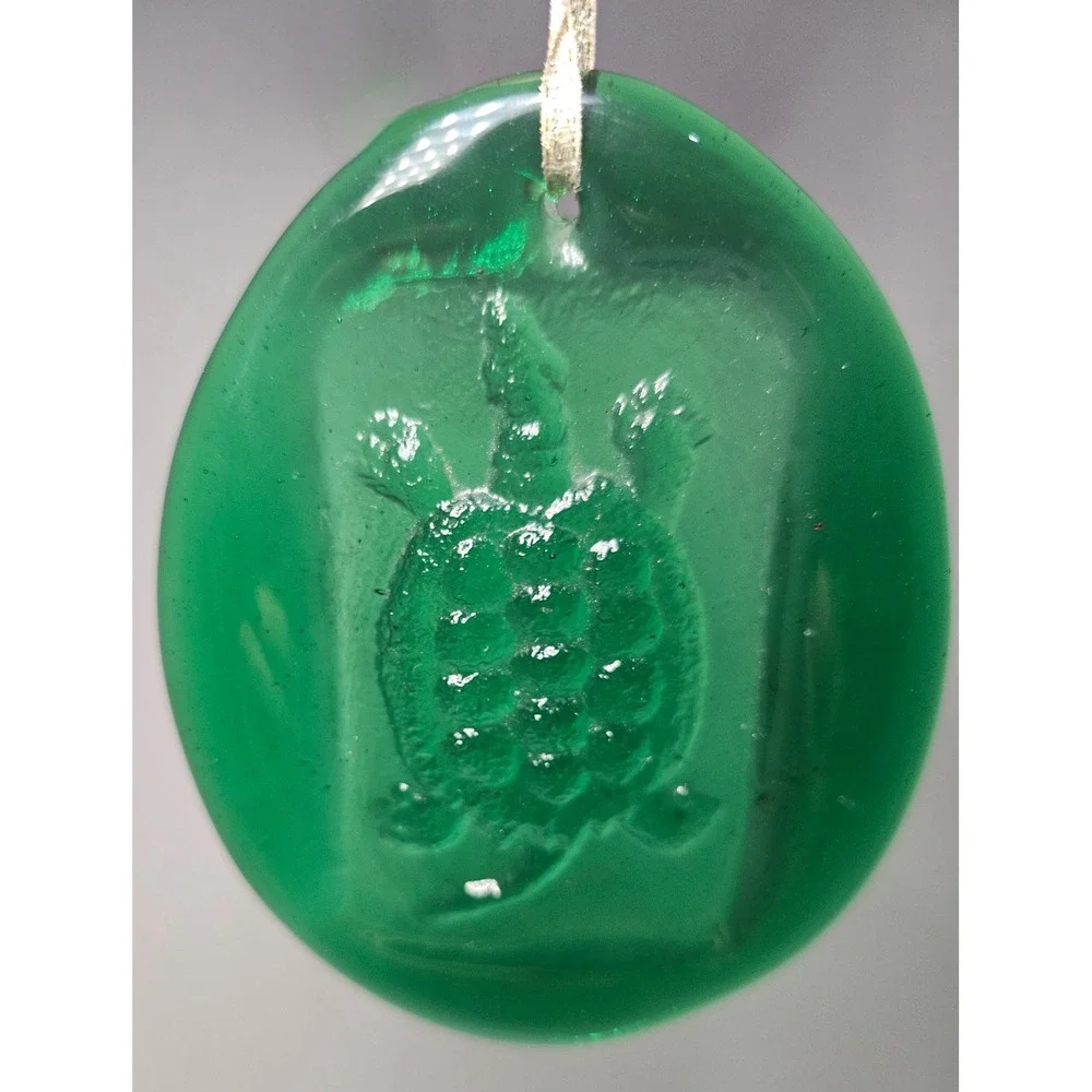 Vintage Blenko Green‎ Glass Turtle Pendant Charm Hanging Ornament Art